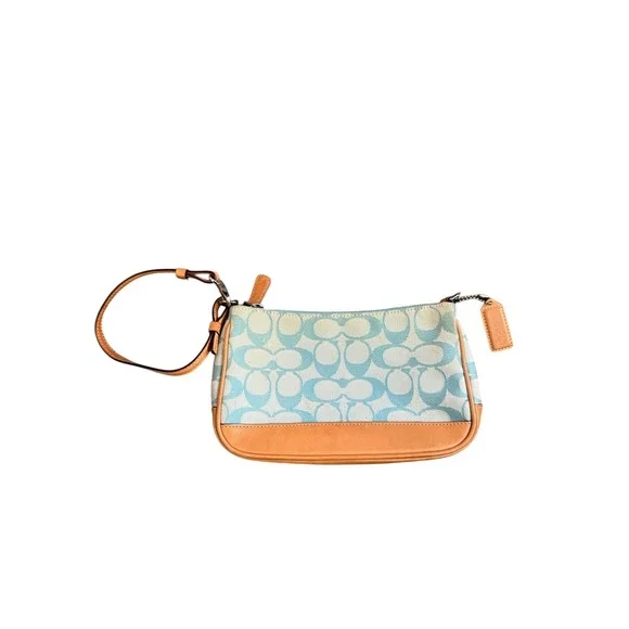 Coach Wristlet Bag Womens Small Blue Tan Signature C Monogram - Picture 1 of 8